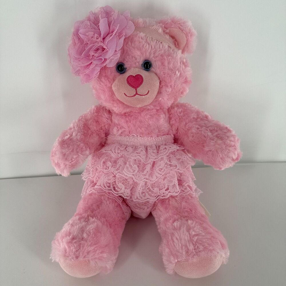 Build A Bear Pink Teddy Bear Plush Stuffed Animal BABW 16” Heart Nose Cute